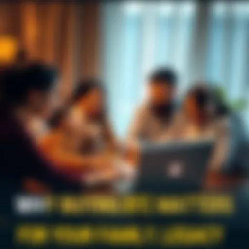 A family sitting around a table, looking at a laptop showing Bitcoin charts and discussing investment strategies for their future.
