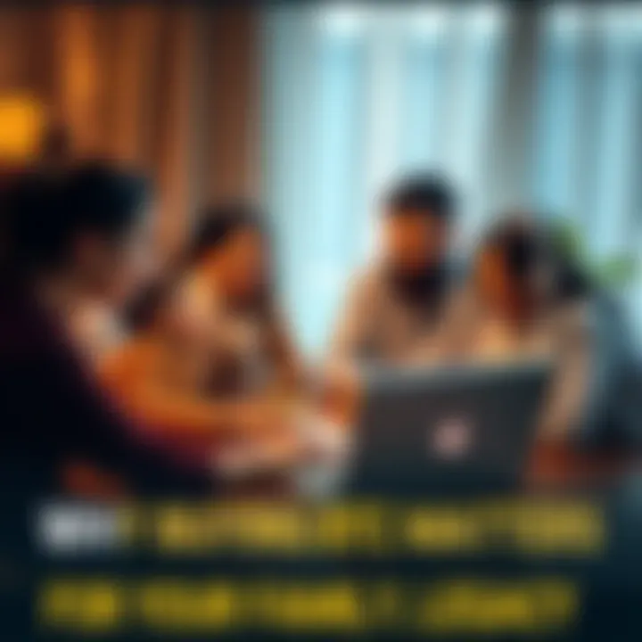 A family sitting around a table, looking at a laptop showing Bitcoin charts and discussing investment strategies for their future.