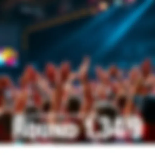 A crowd of excited fans cheering and raising their hands at an event labeled Round 1,349.