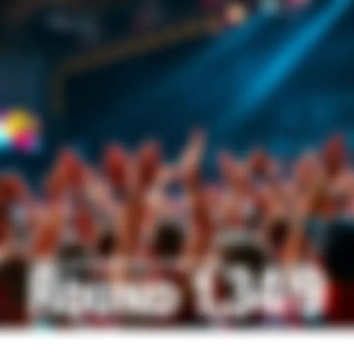 A crowd of excited fans cheering and raising their hands at an event labeled Round 1,349.
