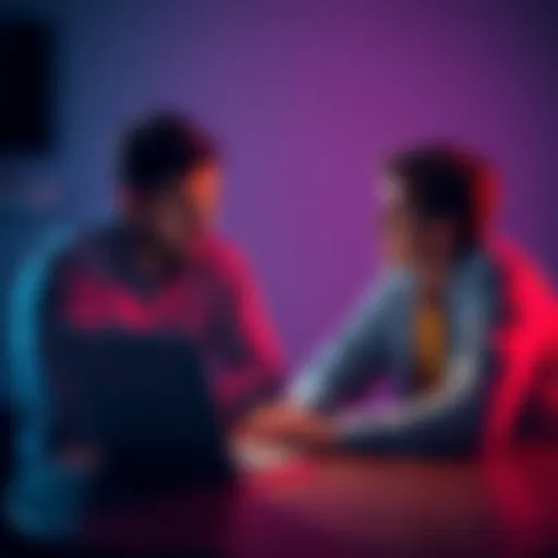 A father and child sitting at a table, looking at a laptop screen with Bitcoin charts, engaged in a conversation about investing in cryptocurrency.