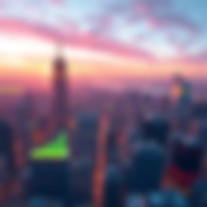 A futuristic city skyline with graphs and charts indicating financial trends for 2038