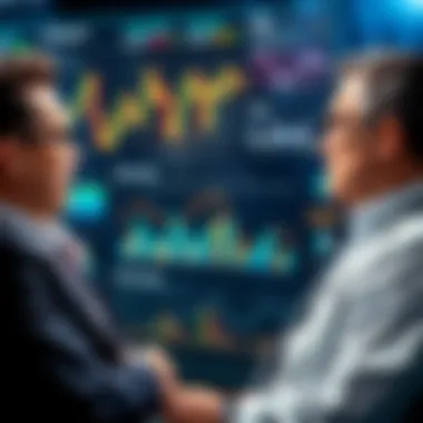 Two financial experts debating passionately with charts and graphs in the background
