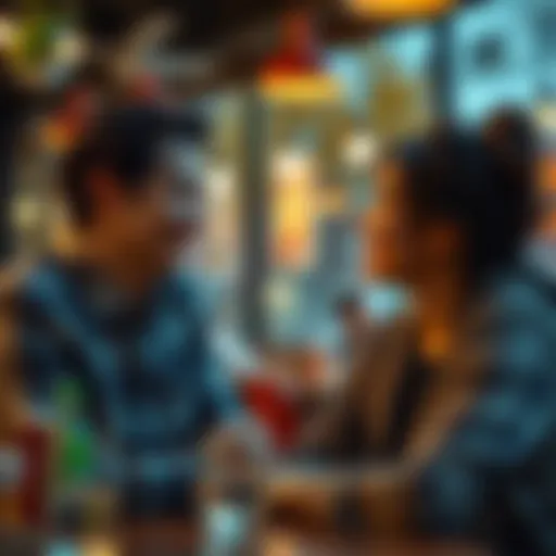 A couple smiling at each other while engaging in light conversation in a cafe setting.