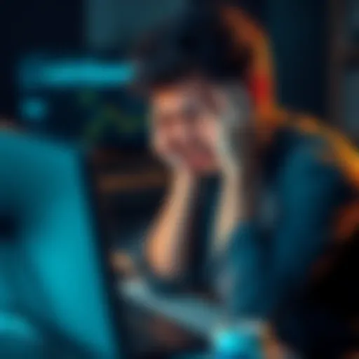 A frustrated person sitting at a computer, looking at the Coinbase website with a troubled expression, holding their head in their hands