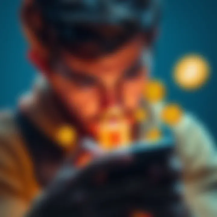 A disheartened person looking at a locked phone with cryptocurrency symbols around, representing a locked Coinbase account.