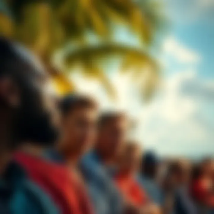 A group of people looking frustrated while discussing delays in the Bahamas process, showcasing a tropical background with palm trees