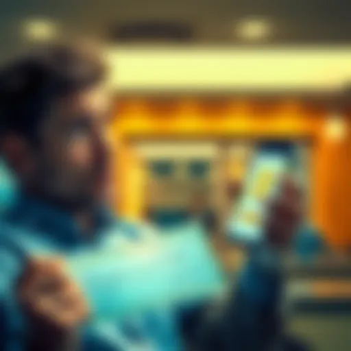 A man looking frustrated while holding a check in a bank setting, comparing it to a Bitcoin transaction on his phone