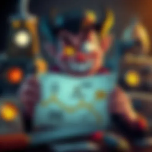 A cartoonish villain with a mischievous grin, holding a comical blueprint for a funny evil plan, surrounded by laughable gadgets.