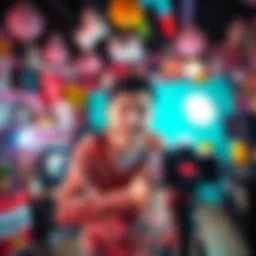 A YouTuber with a playful expression filming a comedic skit in a colorful room filled with props and equipment.
