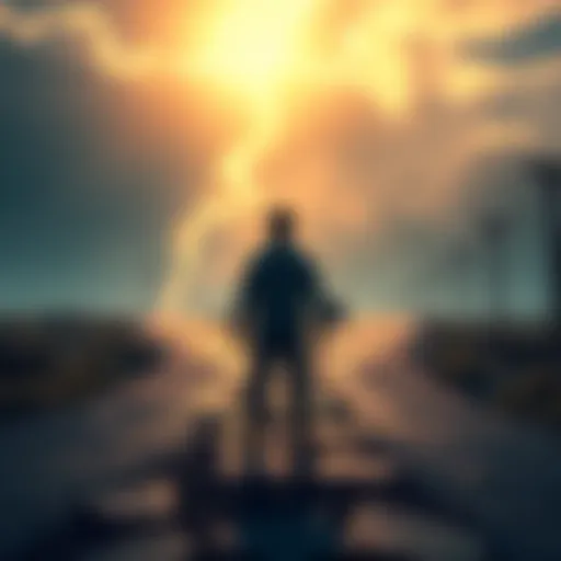 A person standing at a crossroads, contemplating different paths representing future decisions.