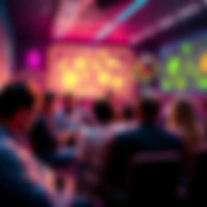 A group of people engaging in a lively cryptocurrency discussion in a virtual forum setting, with colorful graphics representing crypto coins in the background.