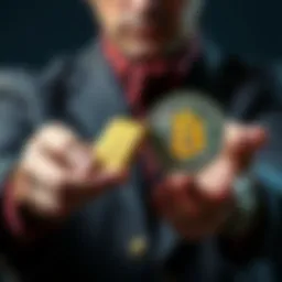 A person holding a gold bar in one hand and a Bitcoin symbol in the other hand, representing the choice between physical and digital currencies.