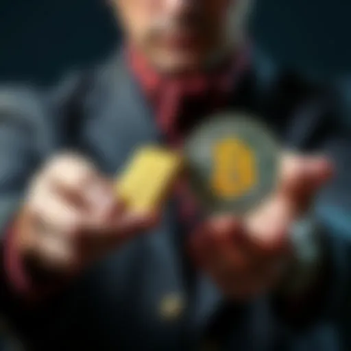 A person holding a gold bar in one hand and a Bitcoin symbol in the other hand, representing the choice between physical and digital currencies.