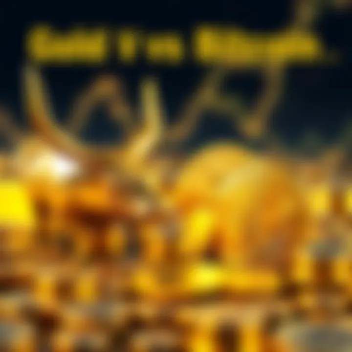 Gold vs Bitcoin A graphic showing gold bars on one side and Bitcoin coins on the other, symbolizing the competition between traditional and digital investments.