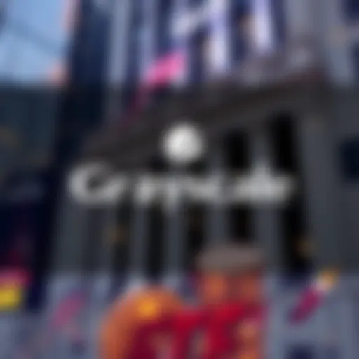 Grayscale logo with a graphic of the NYSE building and crypto coins in the background, symbolizing the launch of their new ETF