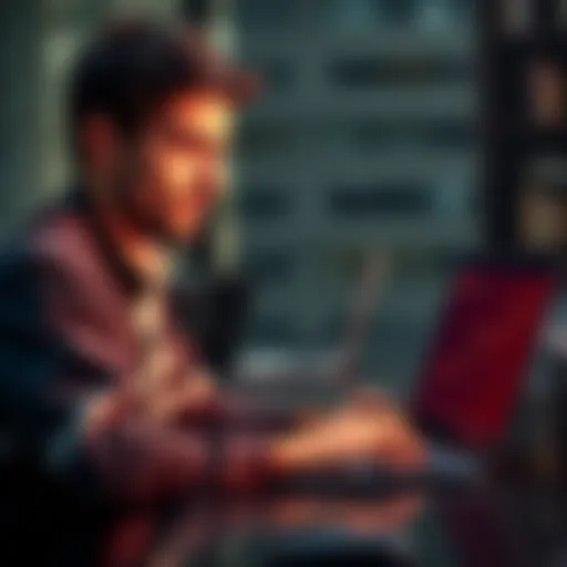 A 23-year-old Greek person looks at a laptop screen with financial charts, thinking about taking a loan to invest in HBAR cryptocurrency.