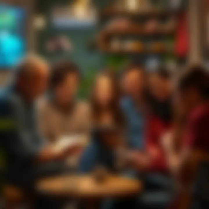A diverse group of people sitting together, smiling and sharing stories in a cozy setting.