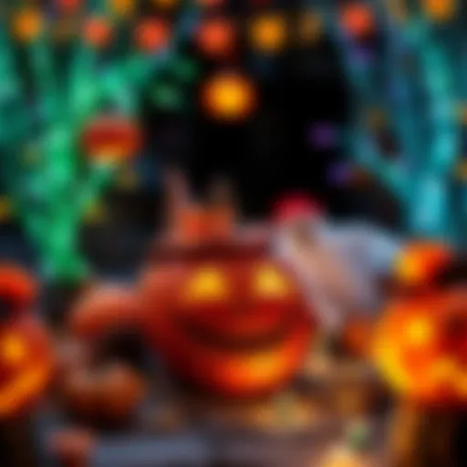 Colorful Halloween decorations featuring carved pumpkins, spooky ghosts, and festive lights.