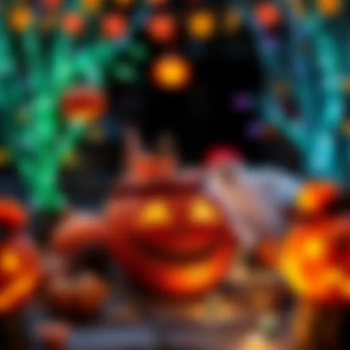 Colorful Halloween decorations featuring carved pumpkins, spooky ghosts, and festive lights.