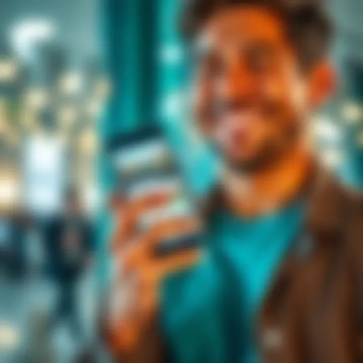 A smiling person holding a smartphone displaying the Revolut app, showing satisfaction with financial services.