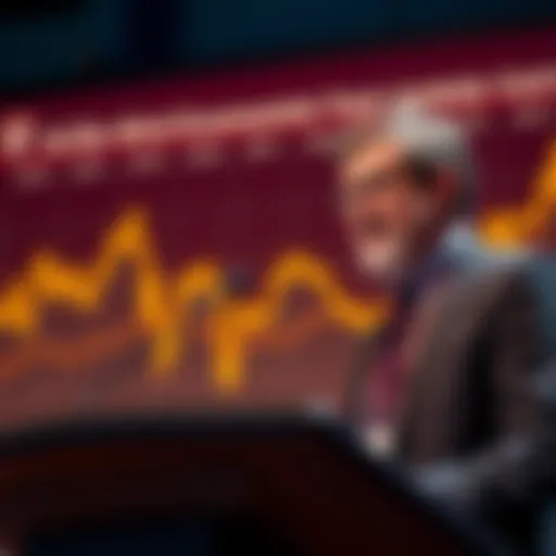 A Harvard economist speaking at a podium about Bitcoin investment with a chart showing growth in the background.
