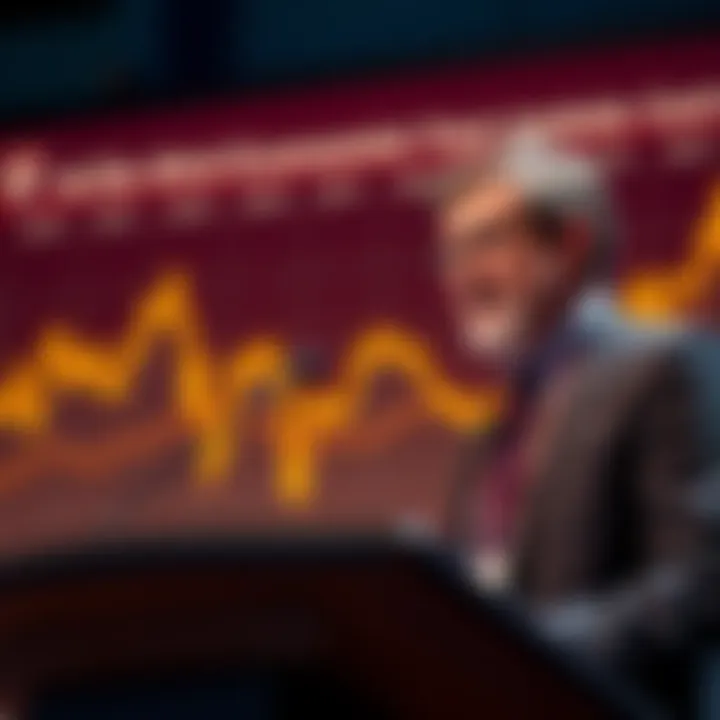 A Harvard economist speaking at a podium about Bitcoin investment with a chart showing growth in the background.
