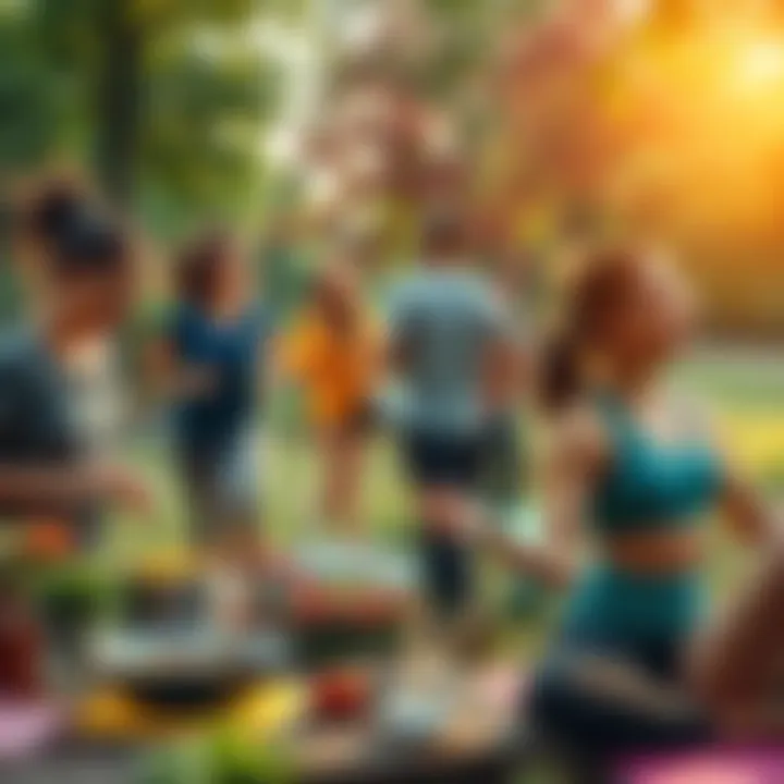 A diverse group of people engaging in healthy activities like jogging, cooking nutritious meals, and practicing yoga in a park setting.