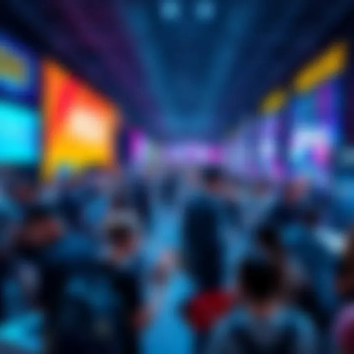 A vibrant scene of a marketing event for Hege featuring a crowd engaging with promotional materials in Las Vegas.