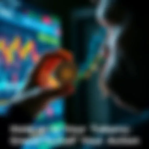 A person holding a digital token in one hand while looking at volatile market charts on a screen with a determined expression.