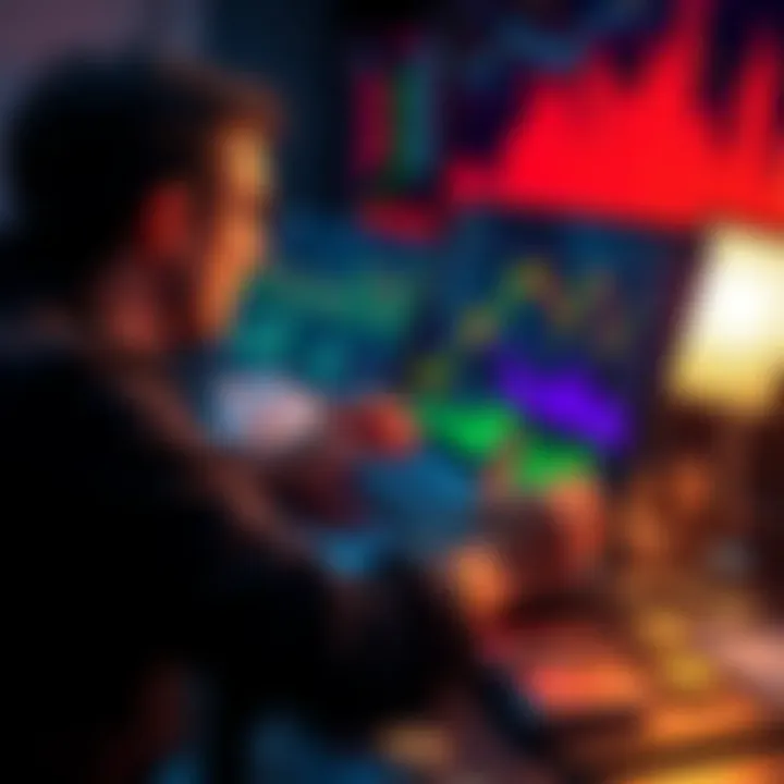 A person reviewing cryptocurrency charts and graphs on a laptop, surrounded by coins and notes