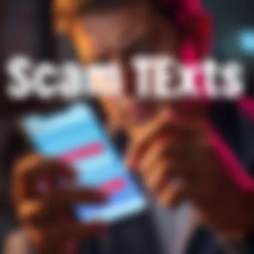 A person examining a smartphone screen with suspicious text messages, looking concerned about potential scams