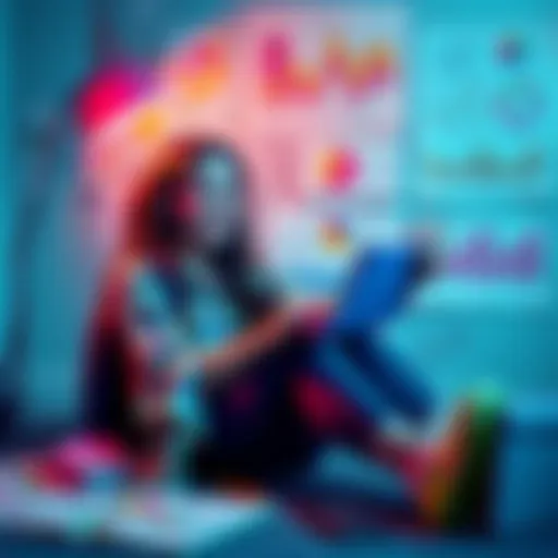 A person sitting with a notebook and charts, smiling as they imagine spending time with an imaginary girlfriend, surrounded by colorful charts and doodles.