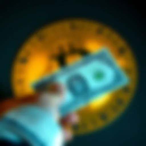 A person holding a dollar bill with a Bitcoin symbol in the background