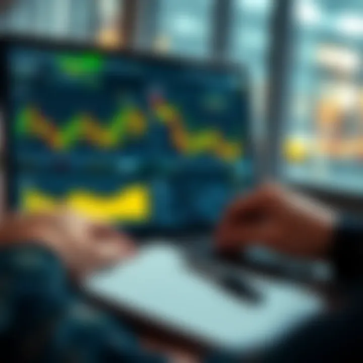 A person examining cryptocurrency charts on a laptop with a notepad and pen ready for notes