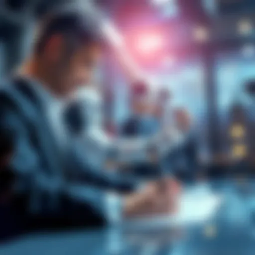 A businessman signing a contract with AI robotics team members in front of a robotic arm