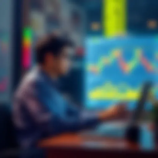 Individual sitting at a desk looking at cryptocurrency charts and analyzing data on a laptop