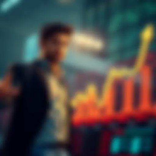 A confident trader pointing towards a rising graph, symbolizing a bull market and investment opportunity.