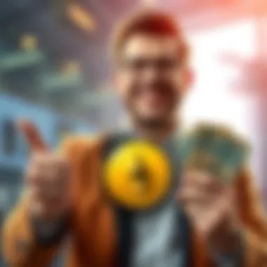Happy investor with a thumbs up, holding Ethereum coins and cash after selling ETH for a profit