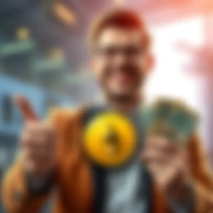 Happy investor with a thumbs up, holding Ethereum coins and cash after selling ETH for a profit