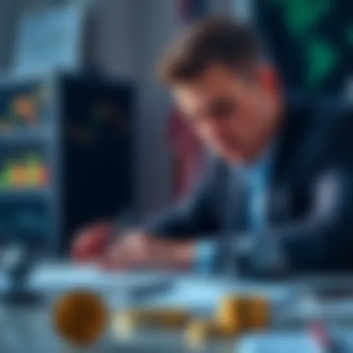 An investor looking at Ethereum charts and Bitcoin coins on a desk
