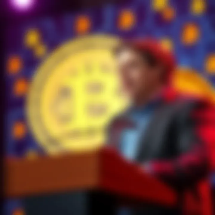 JD Vance stands at a podium discussing the relationship between artificial intelligence and Bitcoin, with a graphic showing Bitcoin symbols in the background