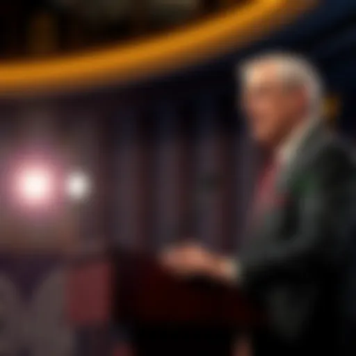 Federal Reserve Chair Jerome Powell addressing the audience about interest rates and Trump policies