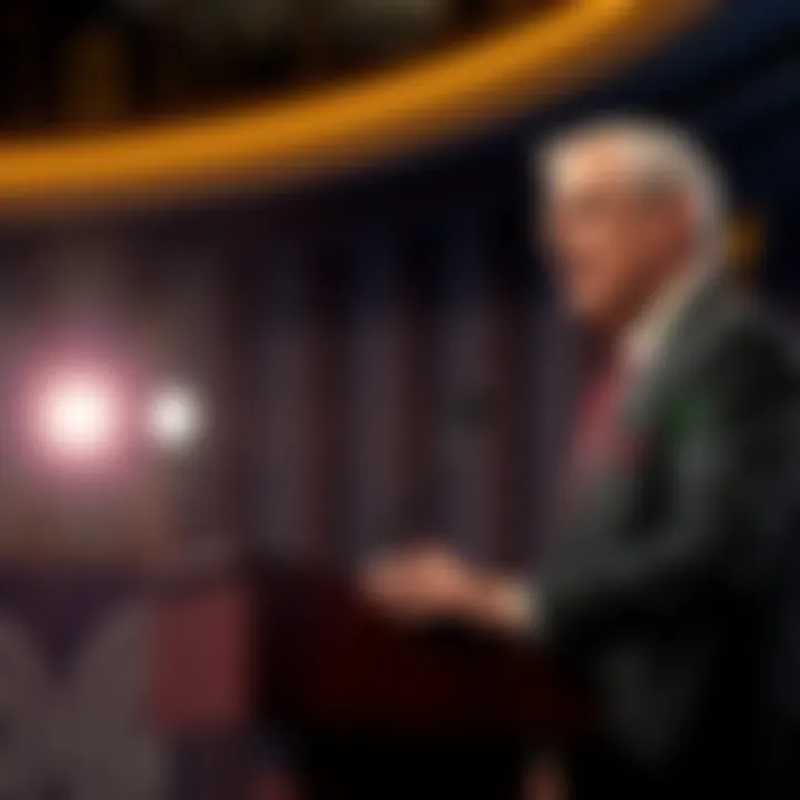 Federal Reserve Chair Jerome Powell addressing the audience about interest rates and Trump policies