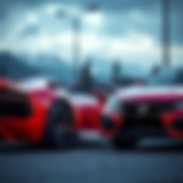 A bright red Lamborghini parked next to a reliable used Honda Civic, symbolizing the choice between luxury and practicality for holiday gifts.