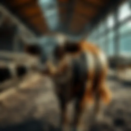 A bull being equipped in a stockyard, showcasing its readiness for industry activities.