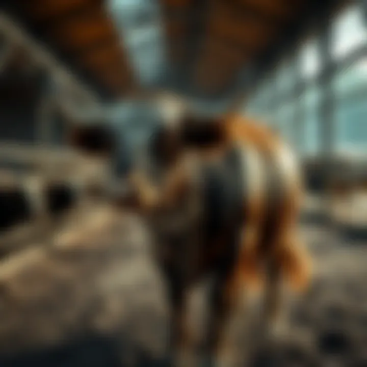 A bull being equipped in a stockyard, showcasing its readiness for industry activities.