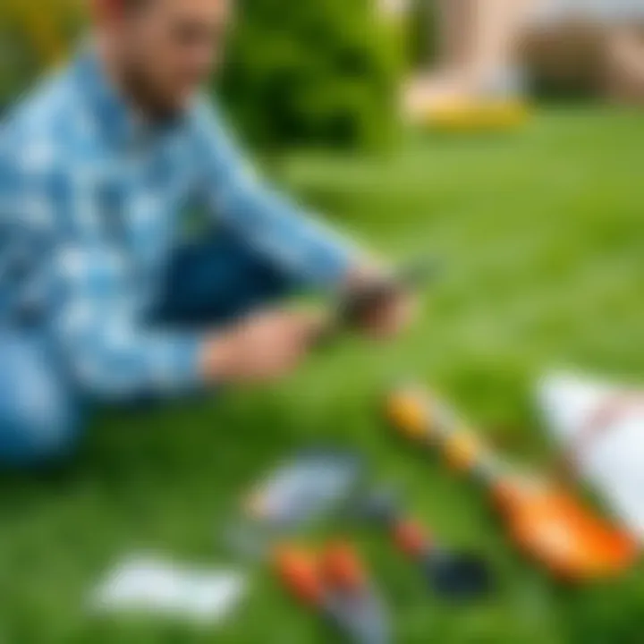 A lawn care expert showing a client how to manage finances with a calculator and lawn tools on a grassy lawn.