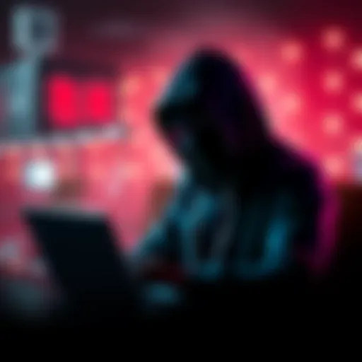 A visual representation of cybercrime depicting a thief in a dark hoodie using a laptop, symbolizing North Korea's Lazarus Group and their $3.2 million scam.