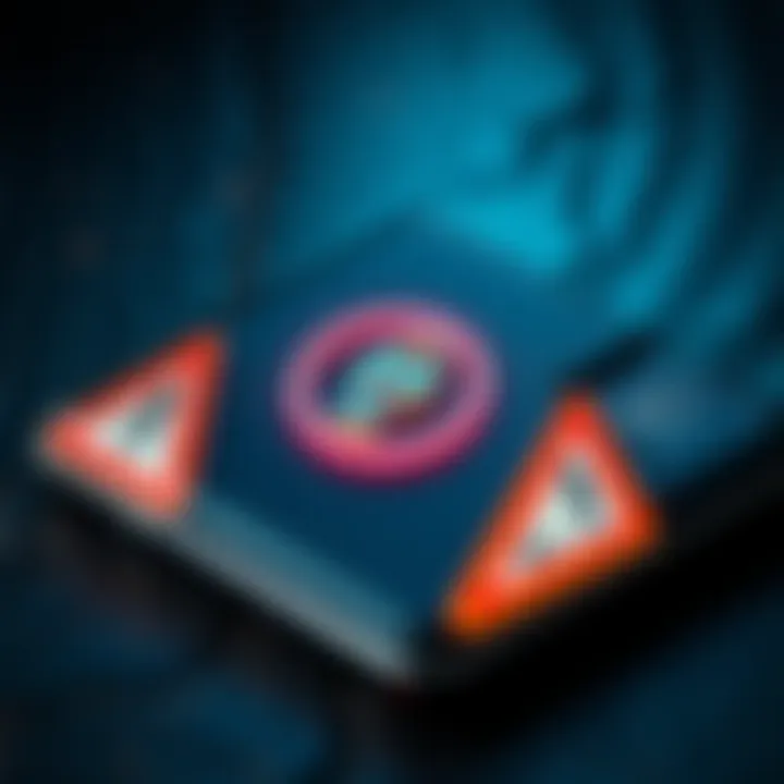 A Ledger hardware wallet displaying a recovery key with warning signs around it, representing security concerns.